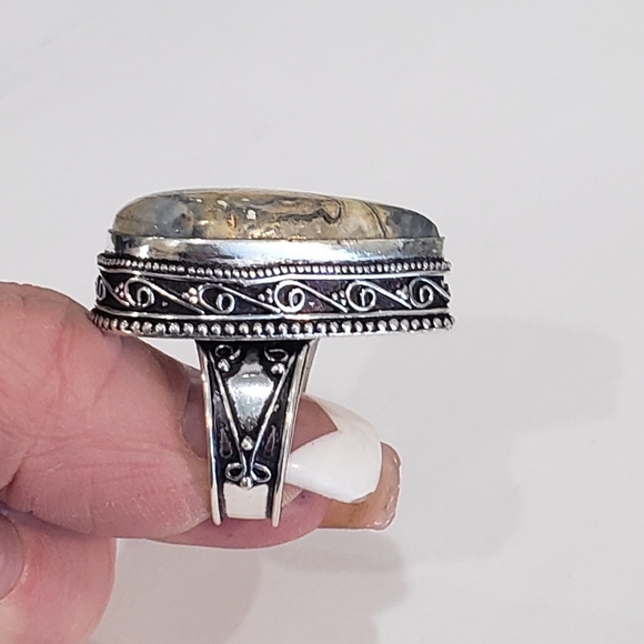 Stunning Handmade Natural Maligano Jasper Gem 925 Vintage Goth Antique Ring - Picture 11 of 14